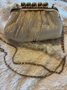 CARLA MARCHI Ivory Pleated Satin Evening Clutch with Gold Chain Strap